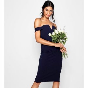 Navy Blue Off-Shoulder Midi Dress